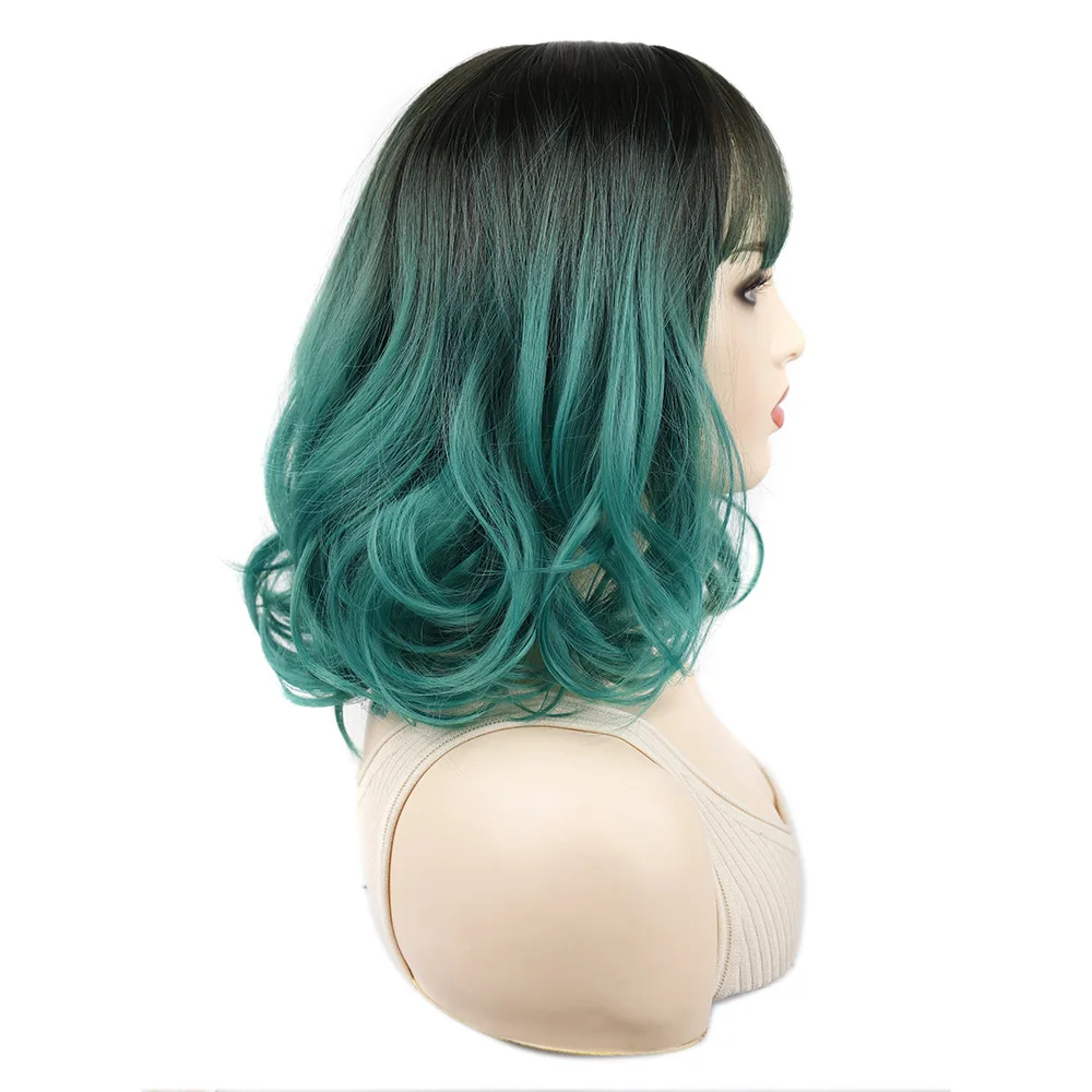 Jeedou K-pop Wigs For Girl Short Wavy Bob With Bangs Black Green Ombre Synthetic Wig Natural Looking Soft Daily Use