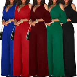 Jumpsuit Summer Pure Color Women Sexy Deep V Neck Short Sleeve Rompers Fashion Slim Fit Lace Up Elegant Female Wide Leg Jumpsuit