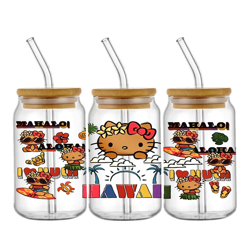 Miniso Hello Kitty Beach UV DTF Cup Wraps Cartoon Transfer Sticker For Glass 16OZ Libbey Can Bottle Self-adhesive Washable DIY