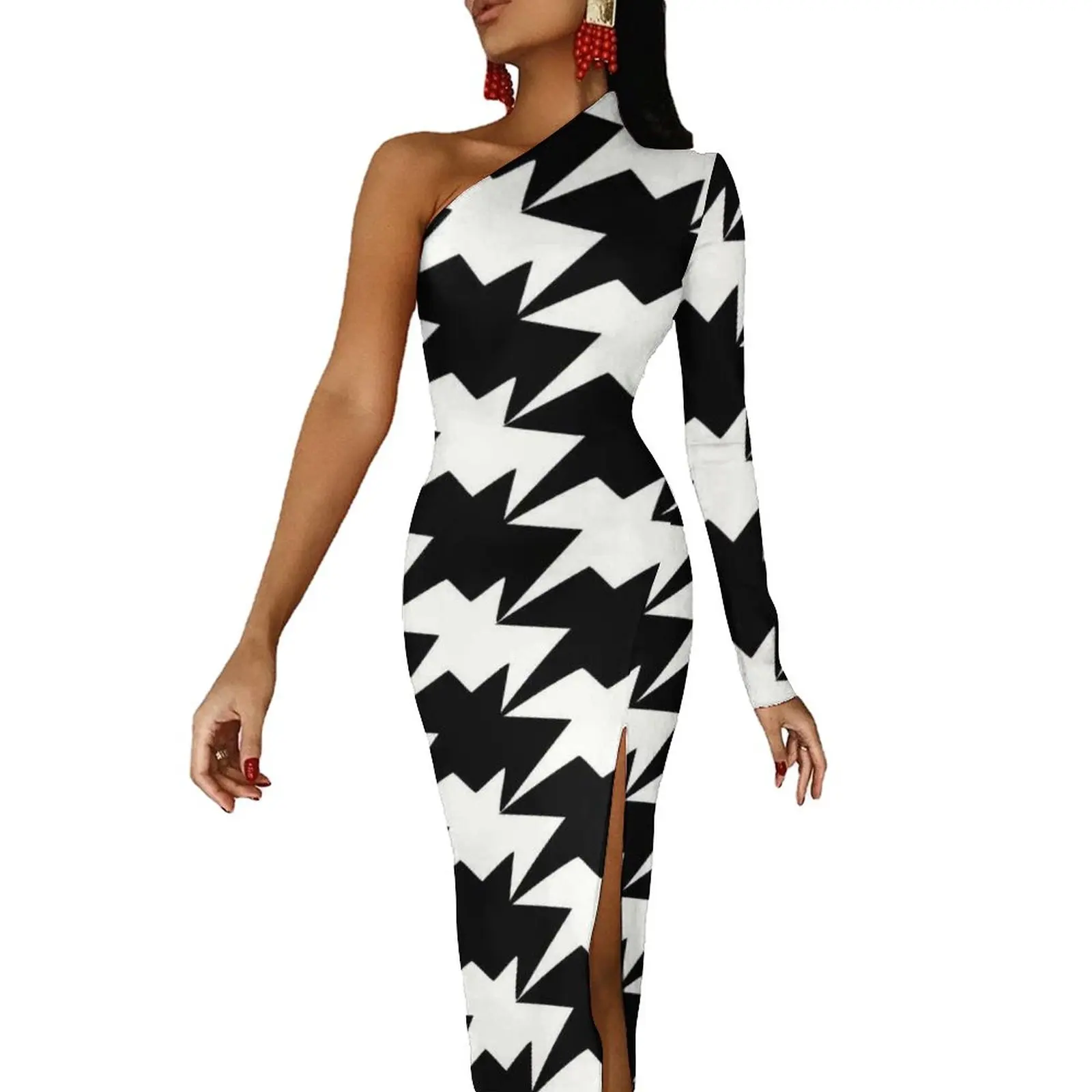 Houndstooth Graphic Bodycon Dress Spring Modern Abstract Design Elegant Long Dresses Women One Shoulder Graphic Aesthetic Dress