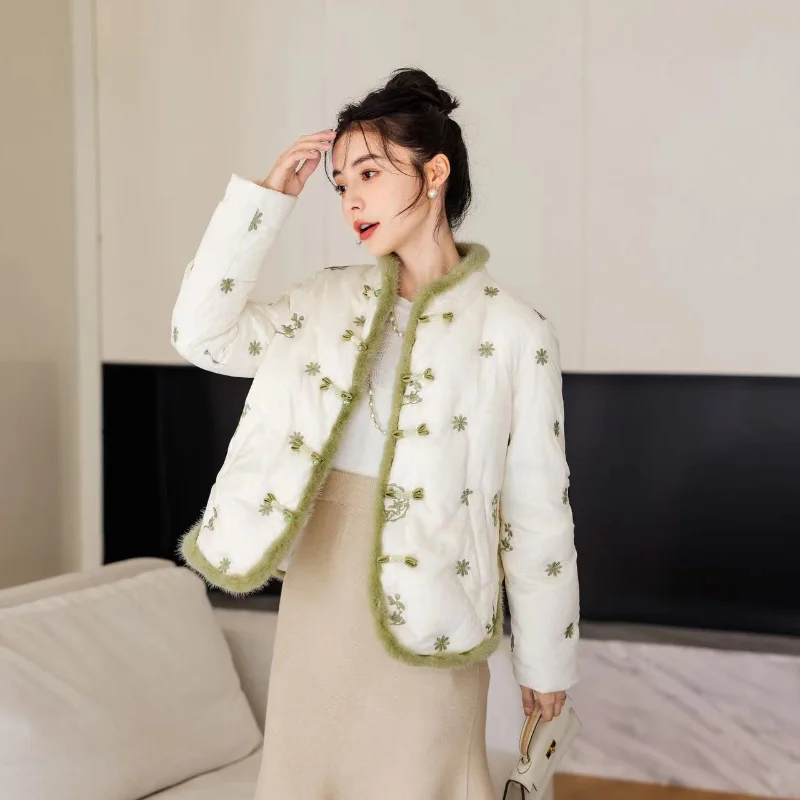 Winter Coat Female Jackets for Women White Goose Down Warm Down Jackets Chinese Style Embroidery Plate Button Short Outerwears