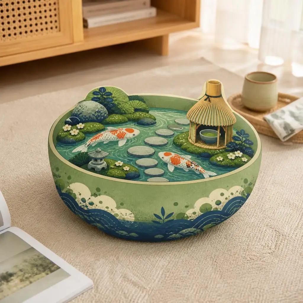 Koi Fish Bowl Shaped Pillow Japanese Tea Garden Plush Cushion Zen Pond Throw Pillow Stuffed Floor Cushion Home Decor Gift