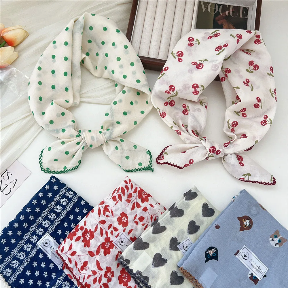 68cm Cotton Linen Sweet Scarf French Spring Summer Head Wrap  Headscarf Turban Bandana Decoration Scarves Neckerchief for Girl