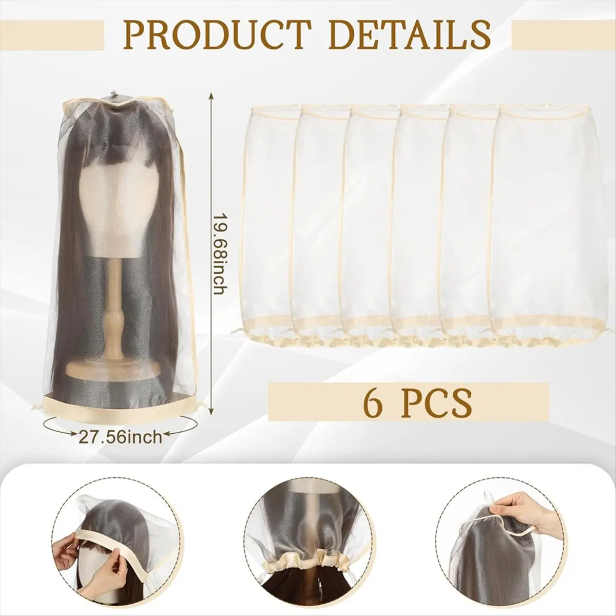 N14R Top 6 Pcs Wig Storage Bags Adjustable Wig Bag with Drawstring Portable Travel Organizer for Keep From Dirt Dust Beige