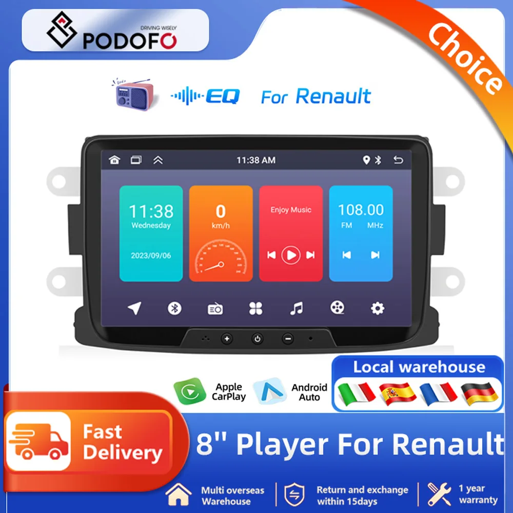 Podofo Android Radio Stereo 8 inch For Dacia Sandero Duster Renault Multimedia Player 2din GPS Navigation BT WIFI FM RDS radio