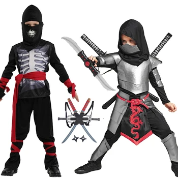 Erkek Siyah İskelet Kafatası Ninja Kostüm Shinobi Kılıç Katana Sırt Çantası Seti Çocuklar Gümüş Ejderha Ninja Cadılar Bayramı Kostüm