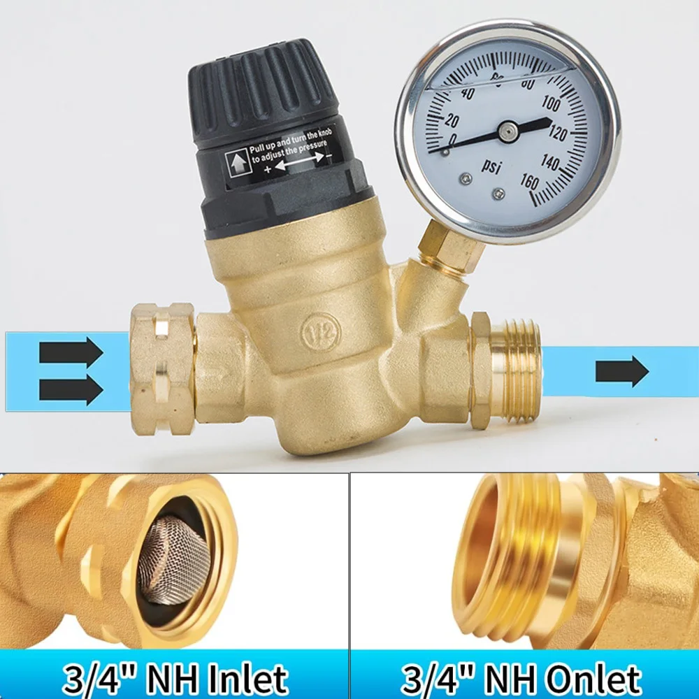 Water Pressure Regulator for RV Camper Brass Lead-Free Adjustable RV Water Pressure Regulator with 0-160 PSI Gauge Reducer Valve