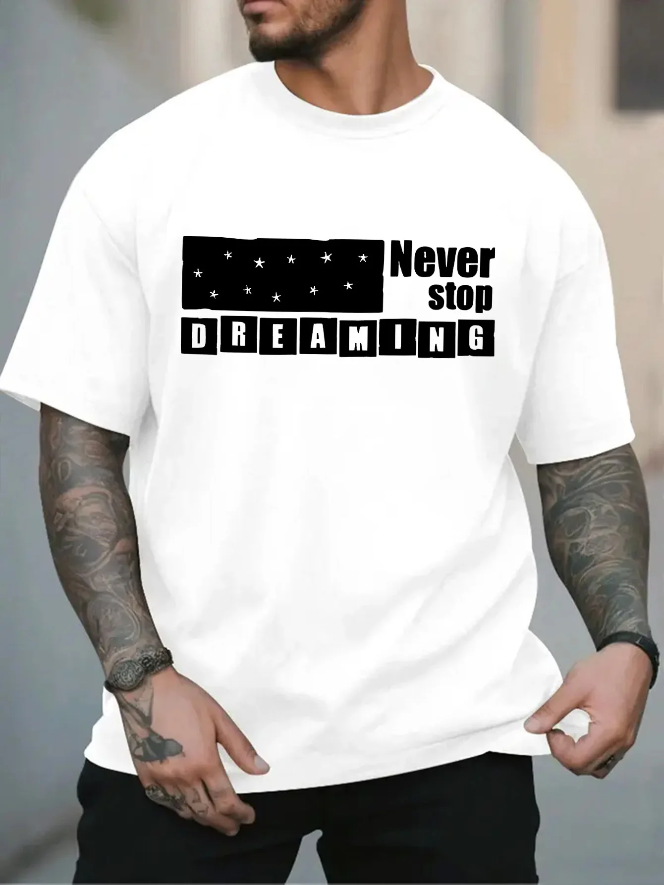 Fashion Mens Black Basic Tee Vintage Star Panel Split Block Text Never Stop Dreaming Motivational Street Casual Short Sleeve