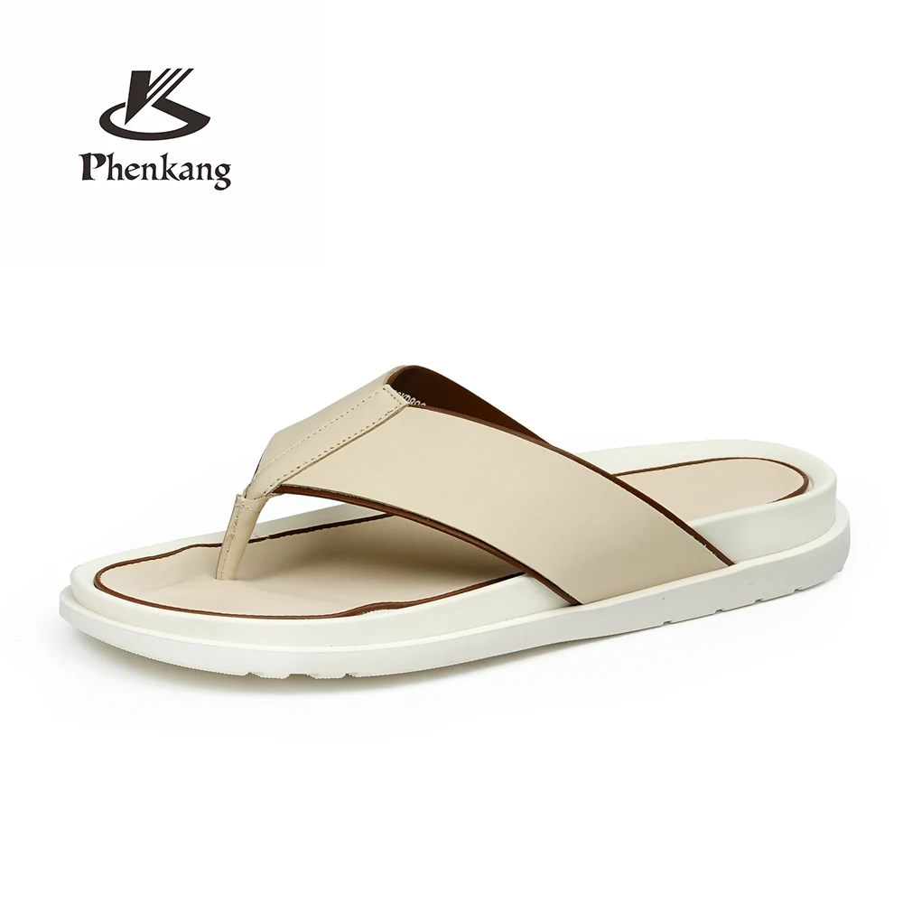 Men Genuine Leather Flip Flops Platform Rubber Sole Summer Beach Casual Open Toe Slip On Outdoor Walking Daily Casual Slippers