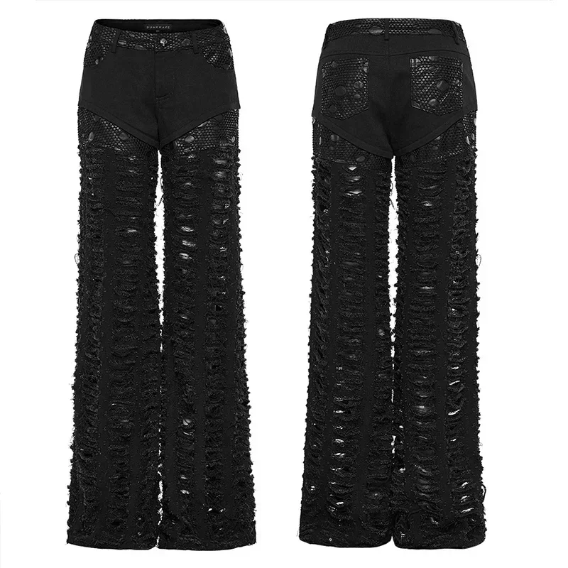 PUNK RAVE Women\'s Punk Decadent Twill Mesh Loose Black Trousers Handsome Cool Personalized Ripped Streetwear Women Pants