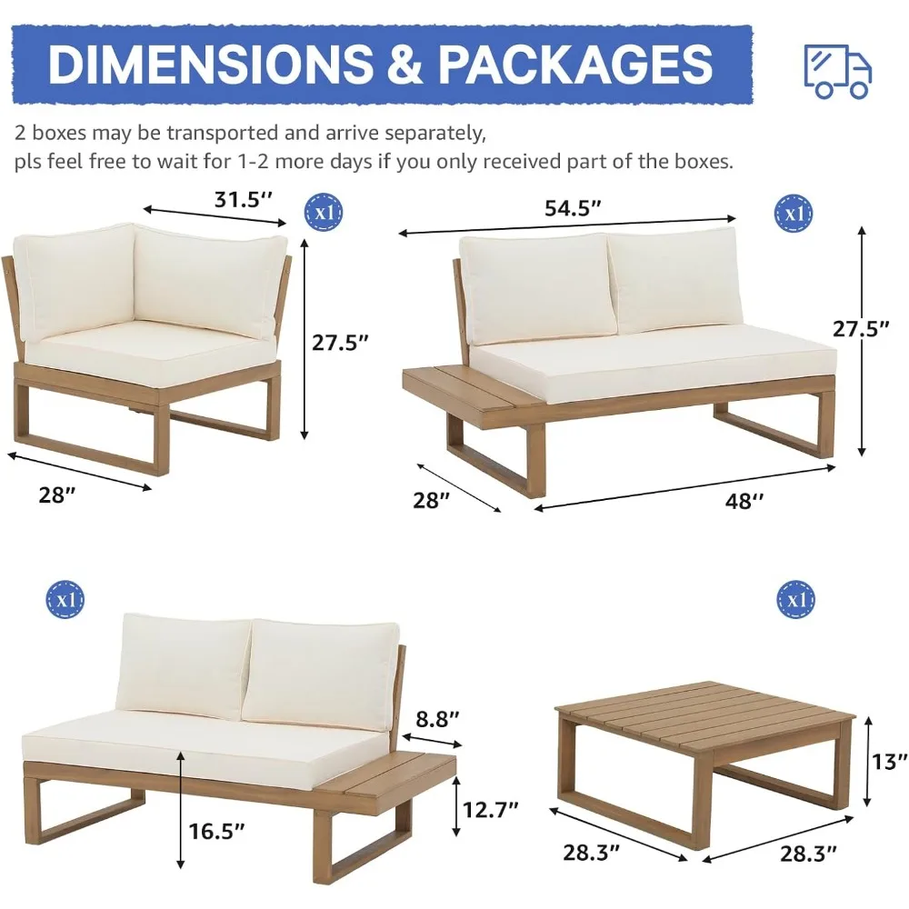 4 Piece Acacia Wood L-Shaped Outdoor Sectional Sofa Set with Built-in Side Table and Cream White Cushions, Conversation Set