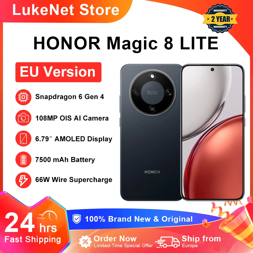 HONOR Magic 8 Lite EU-Version 5G Smartphone Snapdragon 6 Gen4 2,5m Sturzfest IP69K Staubdicht 7500mAh 108MP OIS AI ESIM