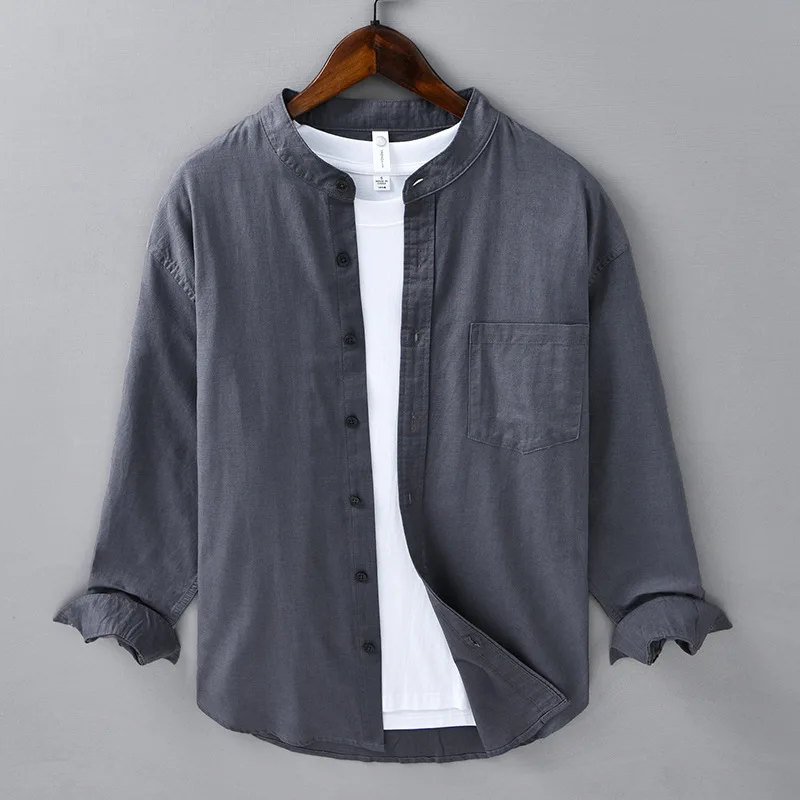 Cotton Linen Shirts for Men Spring Summer Daily Causal Loose Long Sleeve Shirt Pocket Stand Collar Plain Shirt Simple Breathable