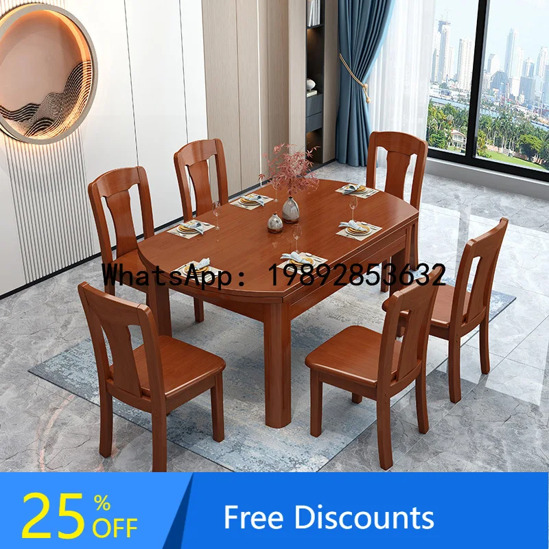 XL Extendable Round Table Solid Wood Dining Table and Chairs New Chinese Style Modern Simple Dining Table and Chairs