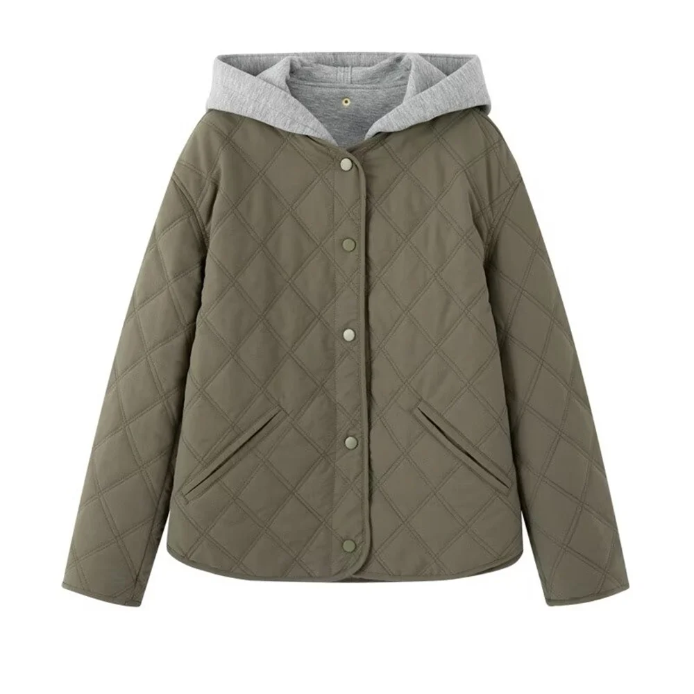 Chaqueta de algodón de manga larga con cuello redondo y capucha desmontable, versátil e informal para mujer