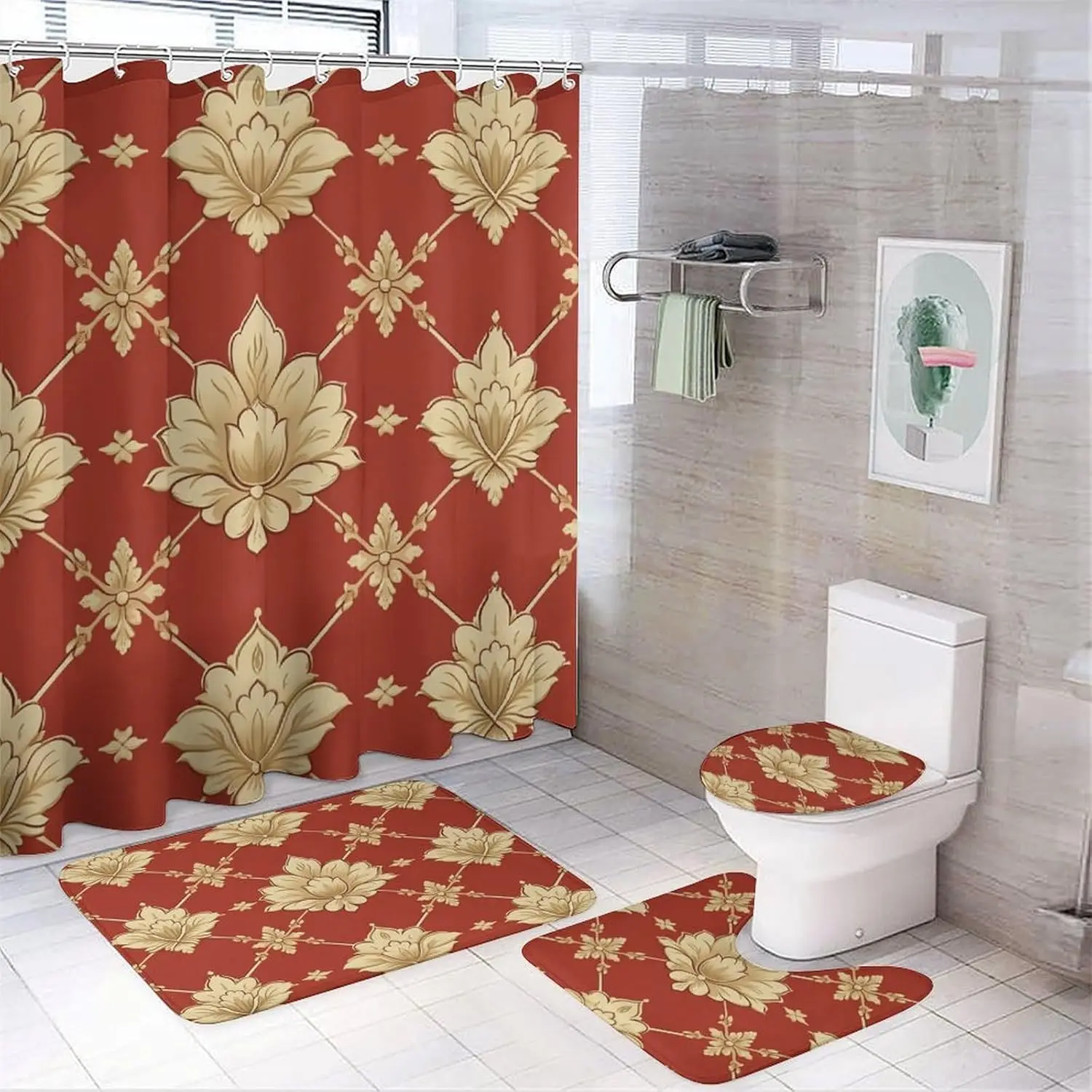 

Наборы для ванной комнаты с ковриками и аксессуарами, красный с бежевым геометрическим узором, наборы штор для ванной комнаты с ковриками, подходит