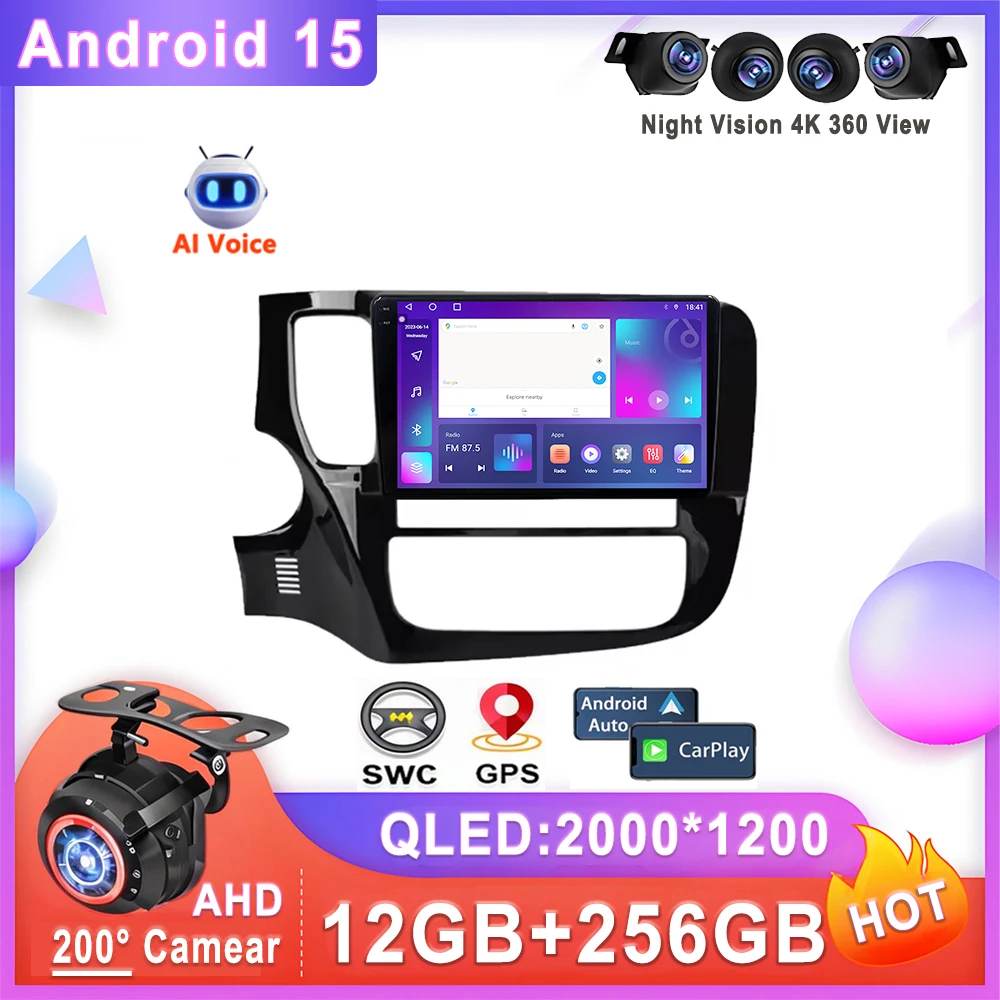 Android 15 Auto Radio for Mitsubishi Outlander 3 GF0W GG0W 2012-2018 Stereo Head Unit No 2DIN DVD QLED Screen with Dash Cam 5G