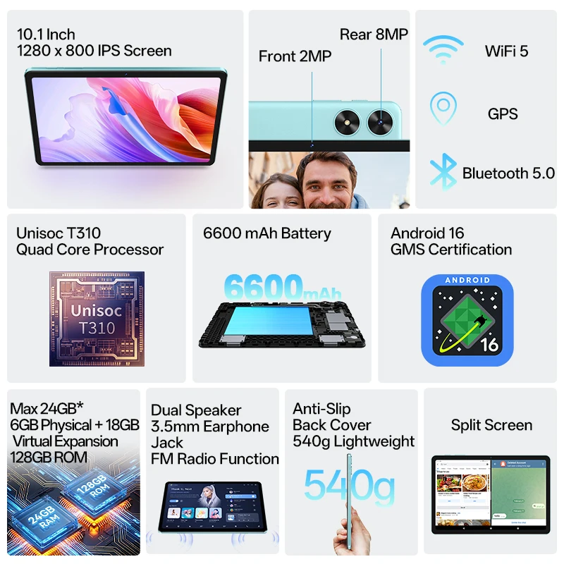 SVITOO Tablet 2026 Android 16 10.1 Inch HD IPS Screen Unisoc T310 Quad-Core Processor 6GB Physical RAM + 18GB Virtual RAM 128GB ROM 1TB Expandable 6600mAh Battery 2.4GHz 5GHz WiFi 5 Bluetooth 5.0 GPS Widevine L1 With Case Keyboard Mouse Stylus Stand