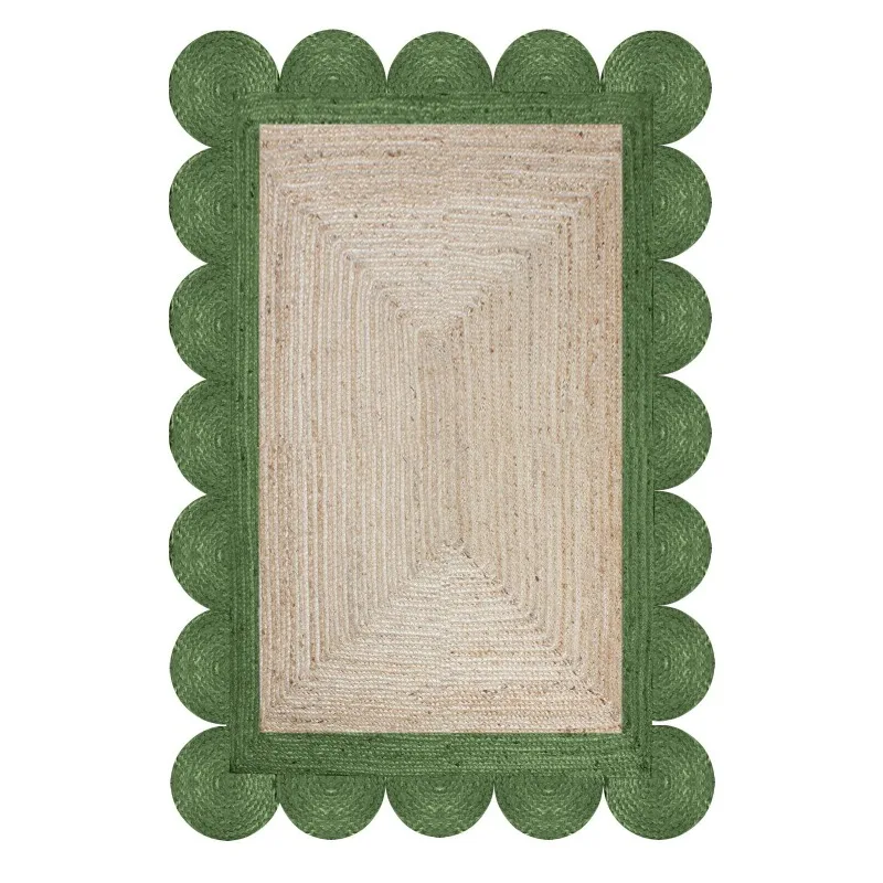 

Scalloped Green Kilim Natural Jute Area Rug Hand Braided Mat Living Room Carpet