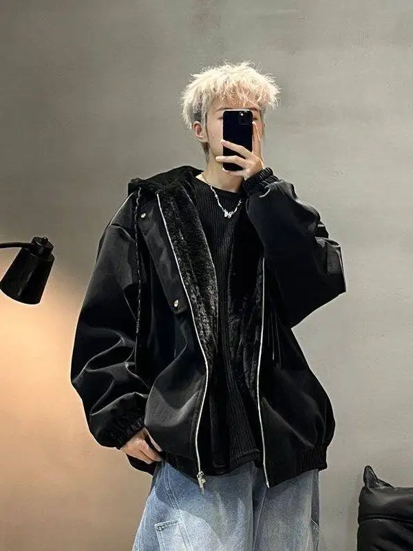 

Мужская зимняя ветрозащитная куртка American Sle Motorcycle Jaet с флисовой подкладкой, кожаными и меховыми вставками, с капюшоном, молодежная, повседневная, теплая