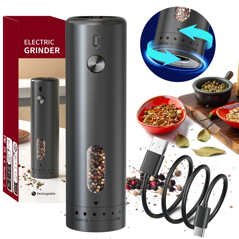 Automatic Pepper Grinder Salt And Pepper Grinder USB Rechargeable Adjustable Coarseness Spice Mill With LED Light Kitchen Tool