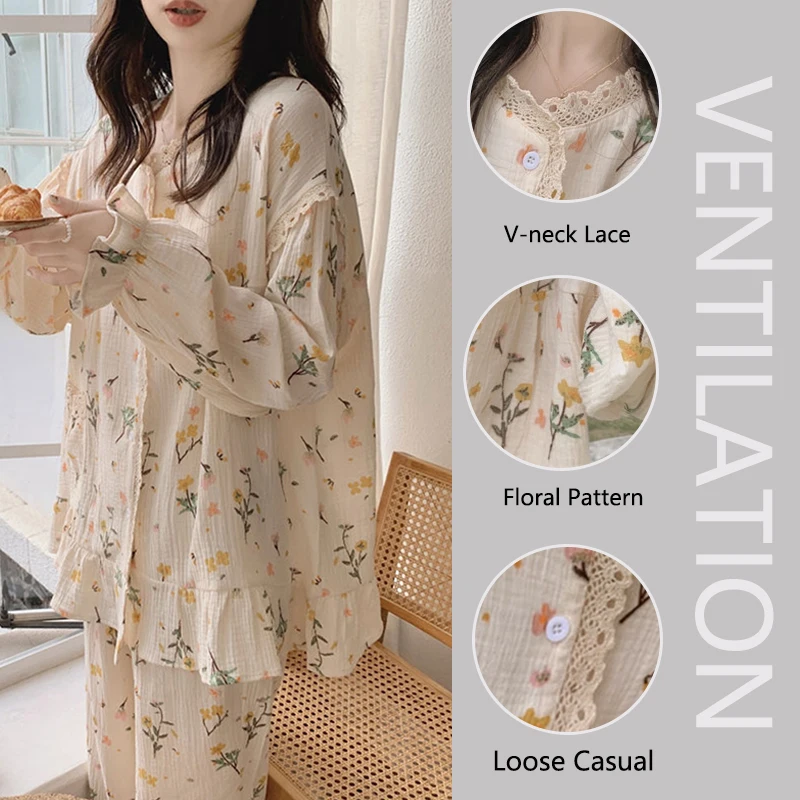 Floral Bubble Cotton Pajamas Lace Lace Ins Style Women Autumn Winter Women Homewear Set Round Neck Sweet Girl Loose Sleepwear