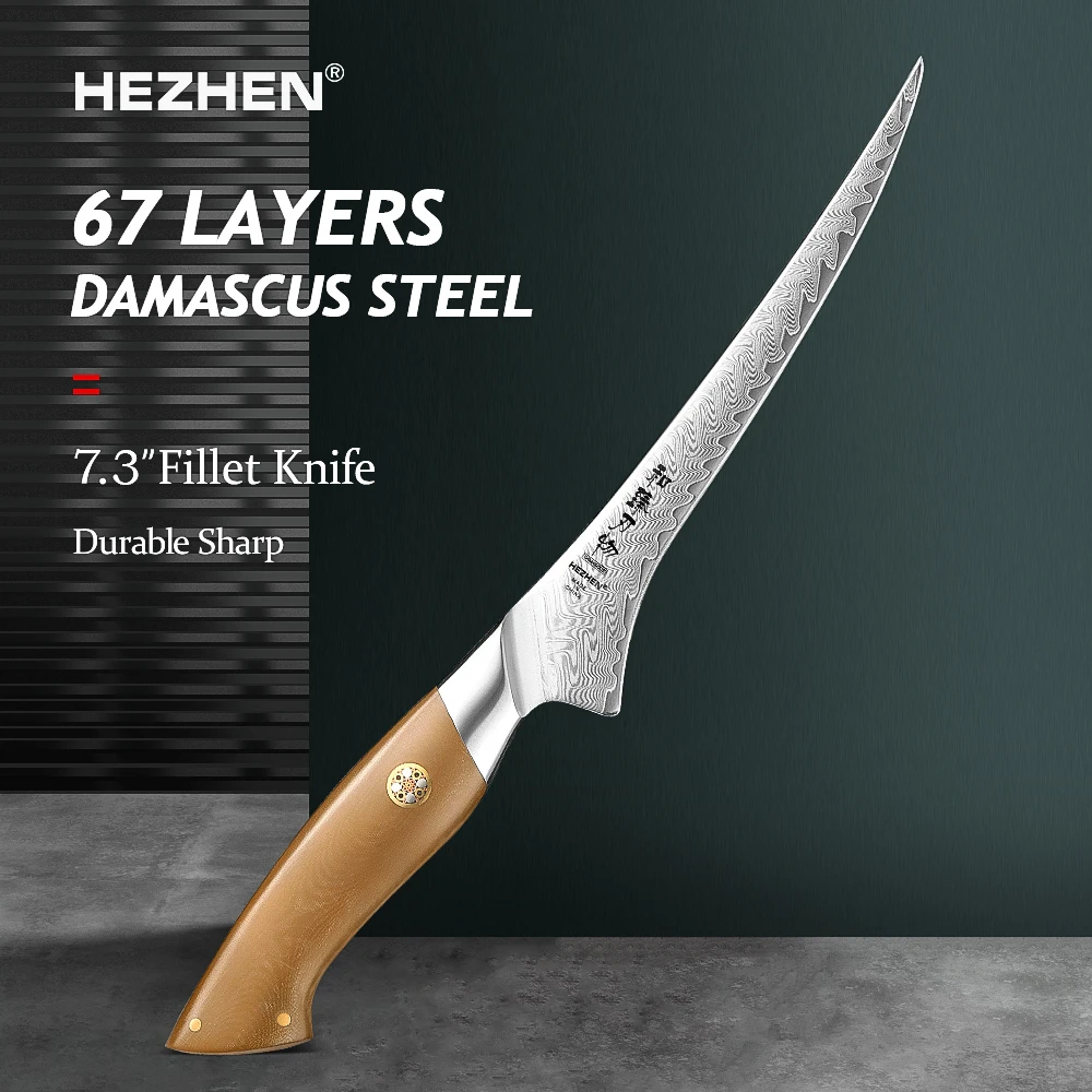 

HEZHEN Professional Fillet Knife - 67-Layer Damascus Steel Blade with Linen Micarta Handle for Boneless Fish & Sashimi