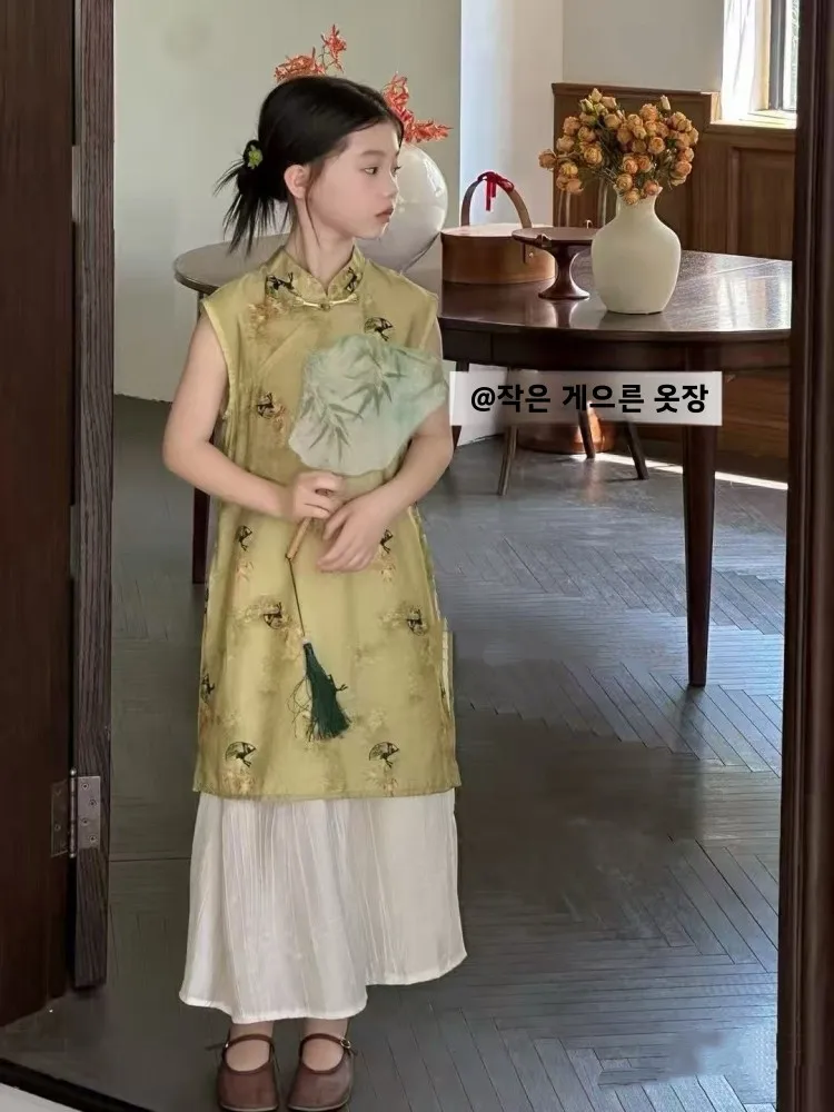 

New Chinese Sle Children's Summer Outfit Girls' Dr Big Kids Small Girls Traditional Hanfu Skirt Breathable Cotton