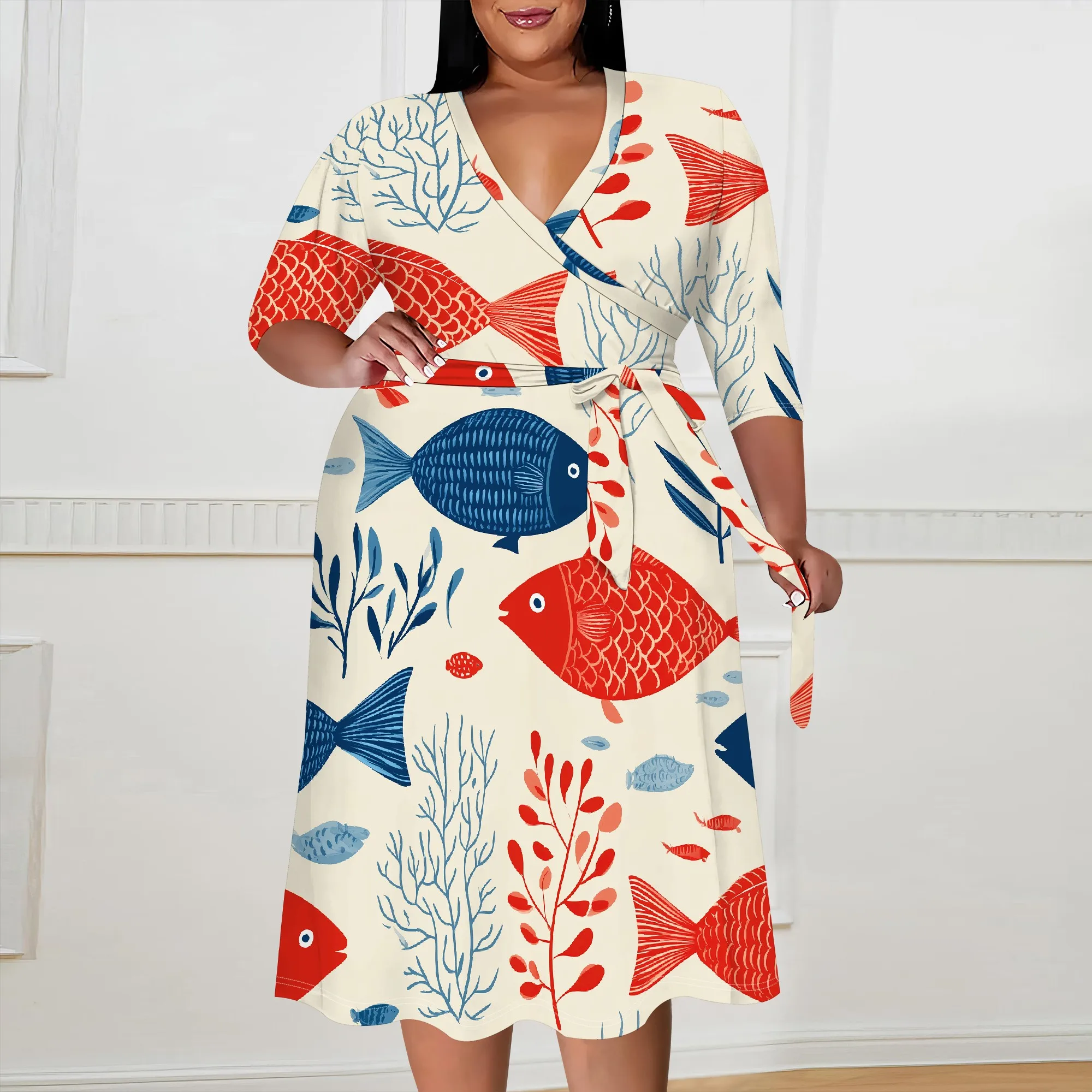 

Ocean Print Plus Size Dress V-Neck 2025 New Red & Blue Fish Wrap Style XL-6XL for Beach or Casual Summer Look