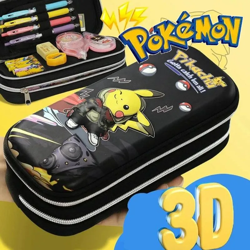 Pokemon Pikachu-Bolsa de lápices con bloqueo de contraseña para estudiantes, gran capacidad, 3D, papelería de doble capa, caja de almacenamiento de pincel y bolígrafo de Color