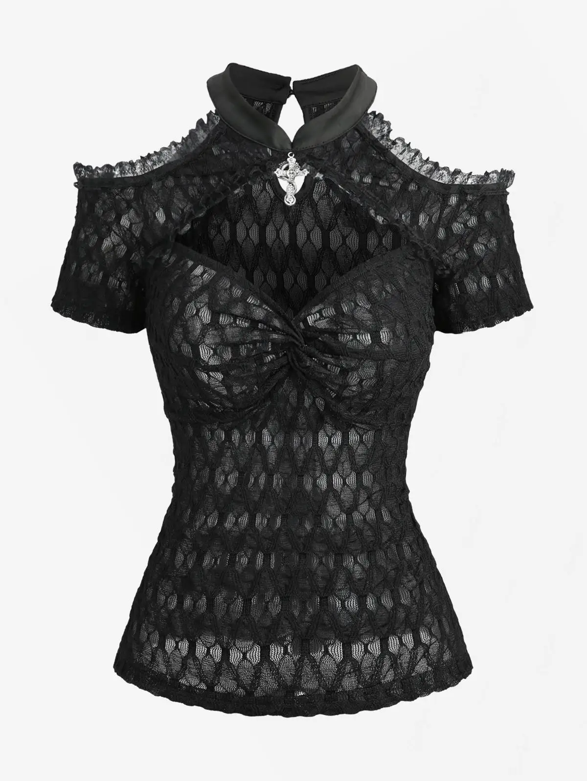 New Gothic Cold Shoulder Tops Women\'s Crochet Mesh Semi See Through Shirt with Cut Out Panels, Twist Front Cropped T-Shirt