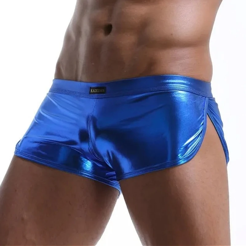 

Patent Leather Underwear Shiny Men's Sexy Split Flat Boxers Beachwear Male Shorts Panties Nightclub Knickers Stage Performance
