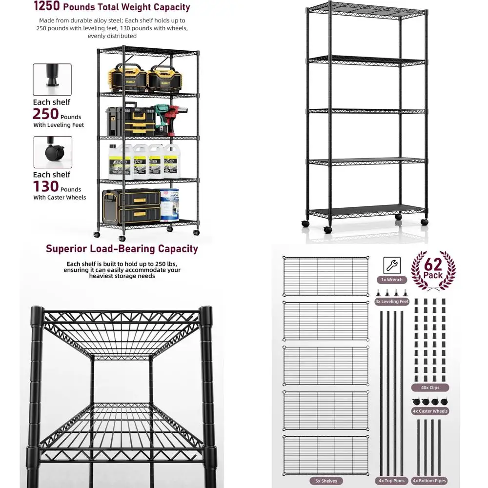 

Durable 5-Shelf Steel Storage Rack, 1250 lbs Capacity, 29.92x13.98x61.02, Black
