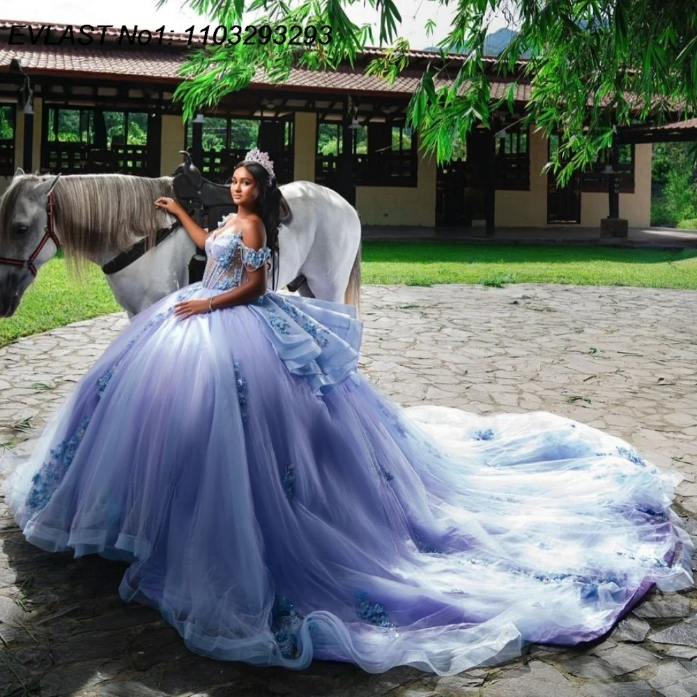 

EVLAST Customized Sparkly Lavender Quinceanera Dress Ball Gown Lace Applique Beading Tiered Sweet 16 Vestidos De 15 Anos E1QN448