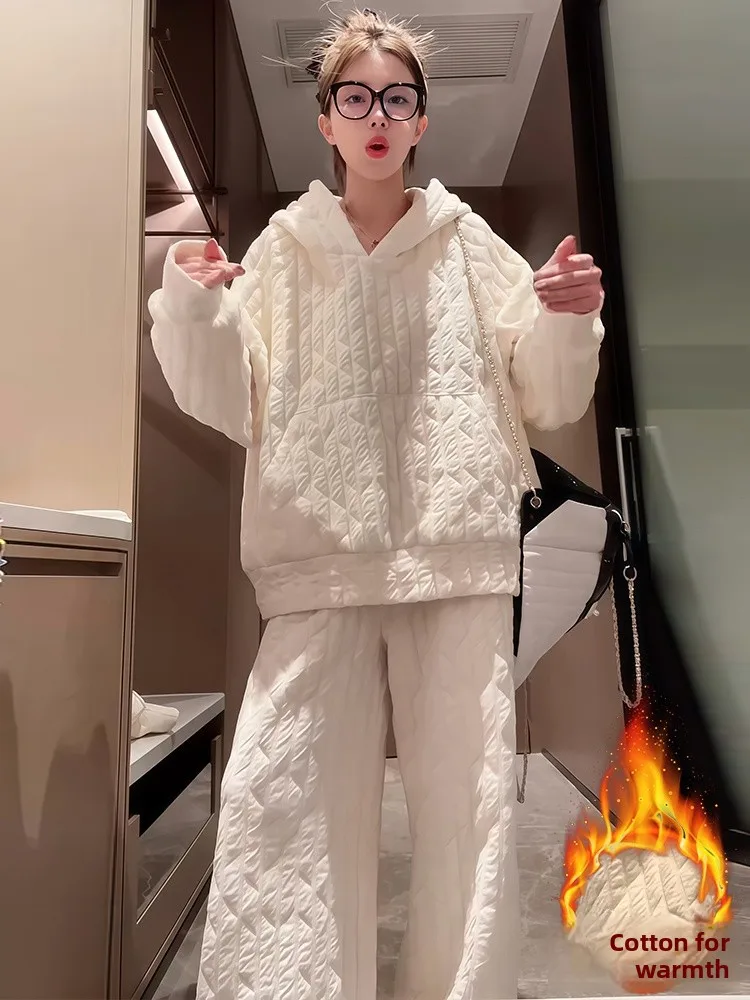 

Thiened Cotton Jaet And Wide Leg Pants Women's Winter Faion Set Warm Diamond Patterned Outerwear Cozy Two-Piece Suit