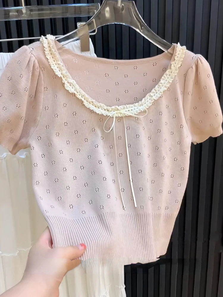 Fashion Sweet Knit Crop Tops Short Sleeve Hollow Out Ruffles Bow Patchwork Design T Shirts All Match Summer Women Clothing 2024