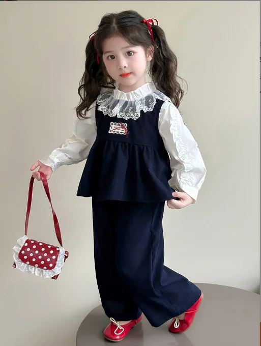 

New Baby Girls Fall Fashion 3 Pieces Sets, Vest +Blouse+ Pants Princess Elegant Suits 2-7 T
