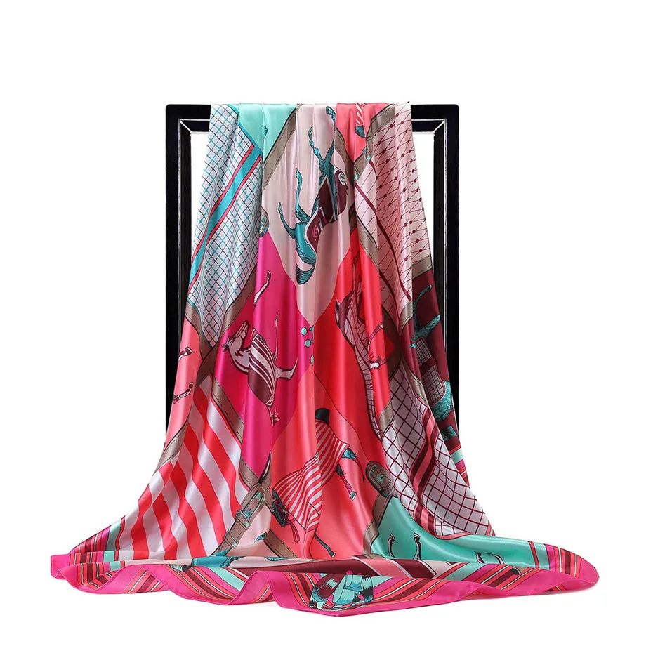 Lenços quadrados de cavalo xadrez 90cm, feminino, marca de verão, cetim, seda, cachecol, bandana, cabeça hijab para mulheres