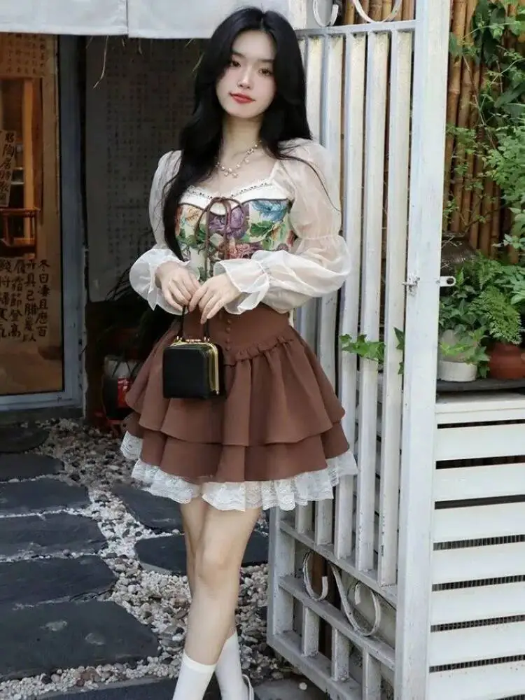 

Моне для девочек, французская винтажная милая картина маслом, рубашка с длинными рукавами, топ с высокой талией, пышная юбка принцессы, комплект из двух предметов