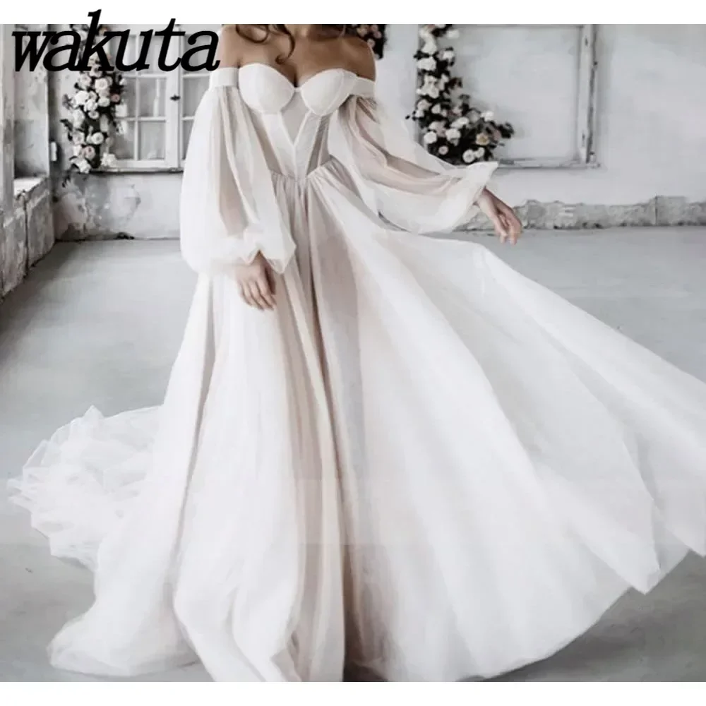 

Wakuta Sweetheart Tulle Puffy Sleeve Prom Dress Off Shoulder Corset Wedding Dress Formal Evening Dresses robes de soirée