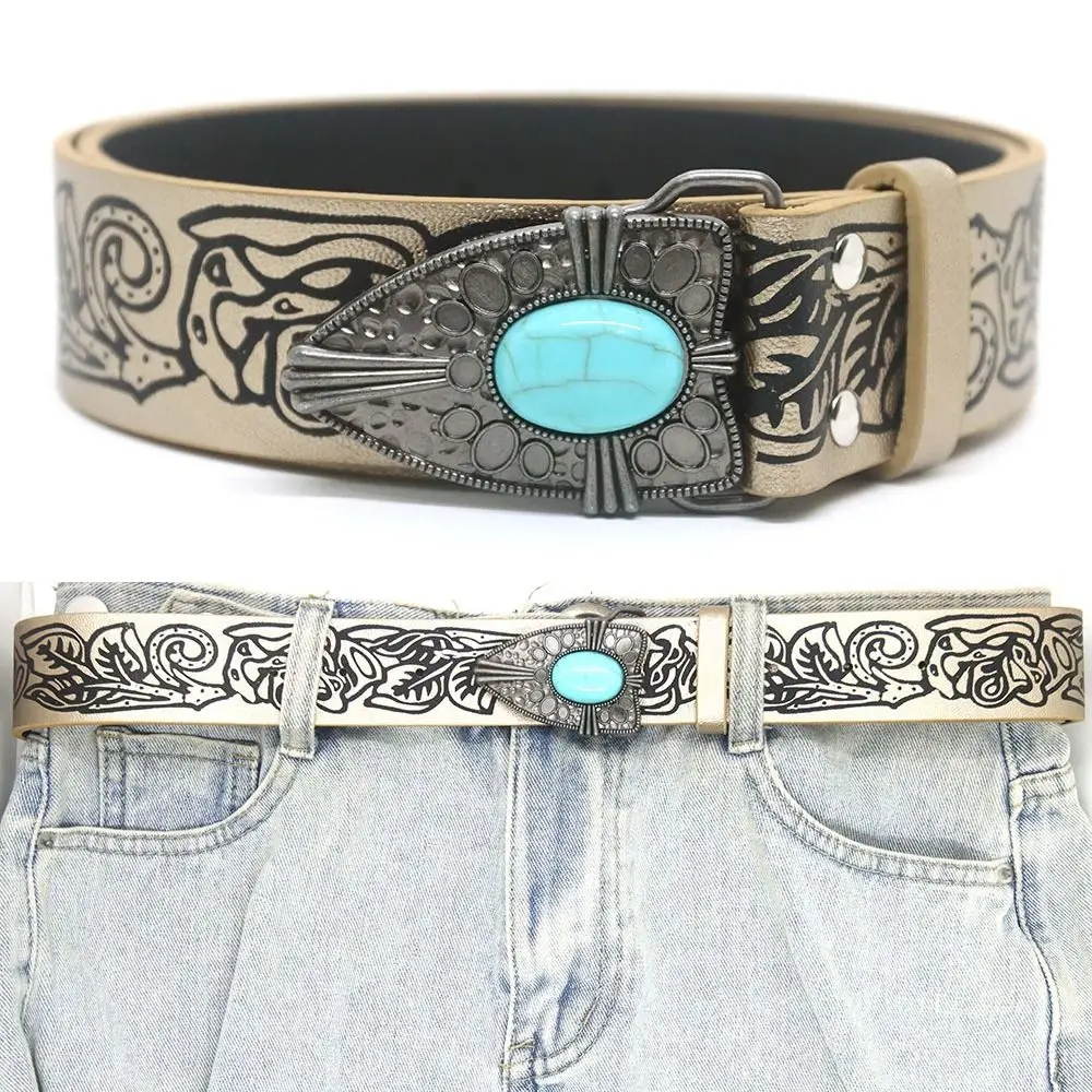 

Hip Hop Bohemian Style Belt Women Man Y2K Harajuku Gem Buckle Belt Leather Embossed Belt