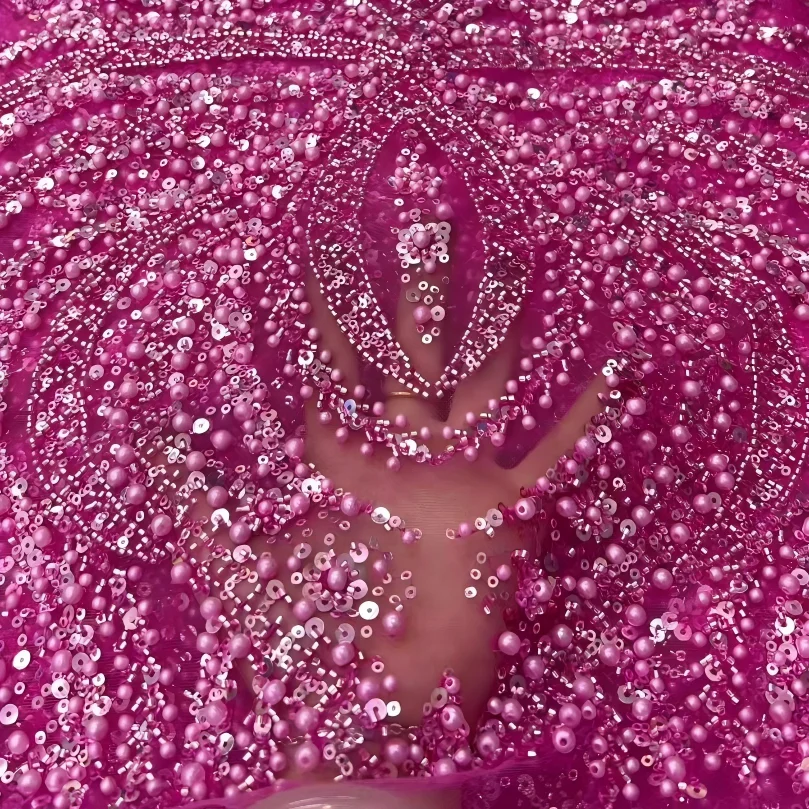 

Lastest Luxury Nigerian African Beaded Lace Fabric High Quality Sequins Embroidery African Tulle Lace Fabric For Sewing Dress