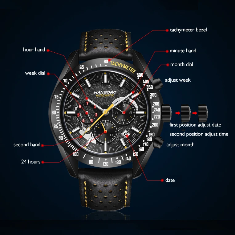 HANBORO Men Automatic Watch 42mm Luxury Mechanical Wristwatch Luminous Military 50M Waterproof Month Week Date Tachtymeter Bezel