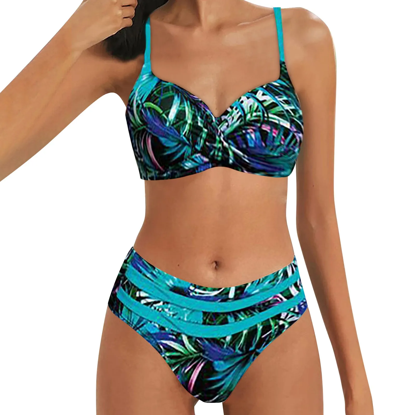 

Botanical Print Sexy Swimsuit Womens Bikini Set Summer Beach Bathing Suit Set Slim Tummy Control Bikinis Deep V Neck Swim Suit