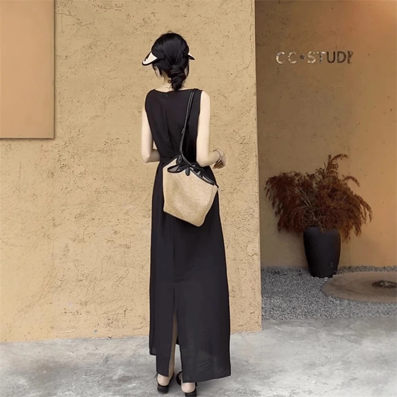 Robe de thé français pour femmes, sans manches, coupe droite, chemise blanche, gilet, décontractée, élégante, mi-longue, été, 2025