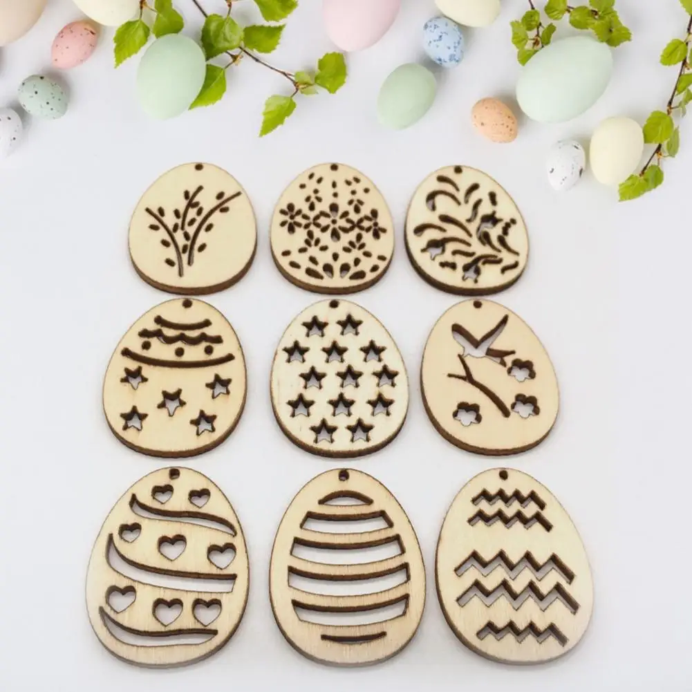 50Pcs/Bag Fashion Hollow Wood Easter Egg Pendant Decors Anti-corrosion Wood Crafts Exquisite Workmanship for Gifts