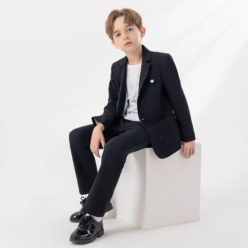 Boys Blue Black Slim Fit Suits Formal Wear Childrens Teenagers Best man Performance Host Clothes Kids Students Party Full Dress