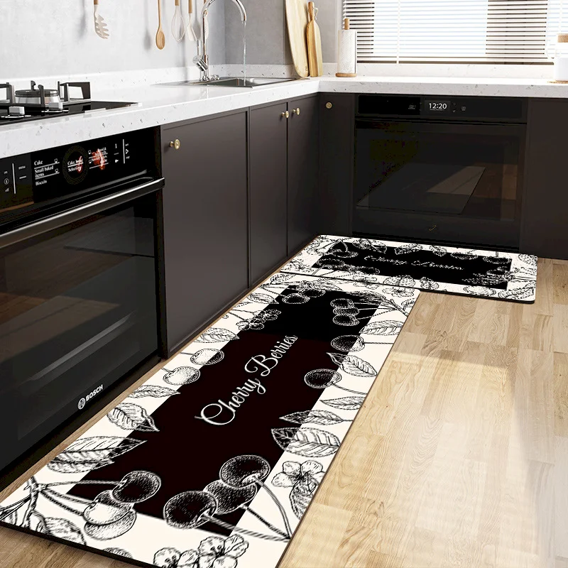 VIKAMA Retro Sketch Flower Kitchen Carpet Anti Slip Floor Mat Black And White Lines Plant Fruit Kitchen Entrance Home Decoration