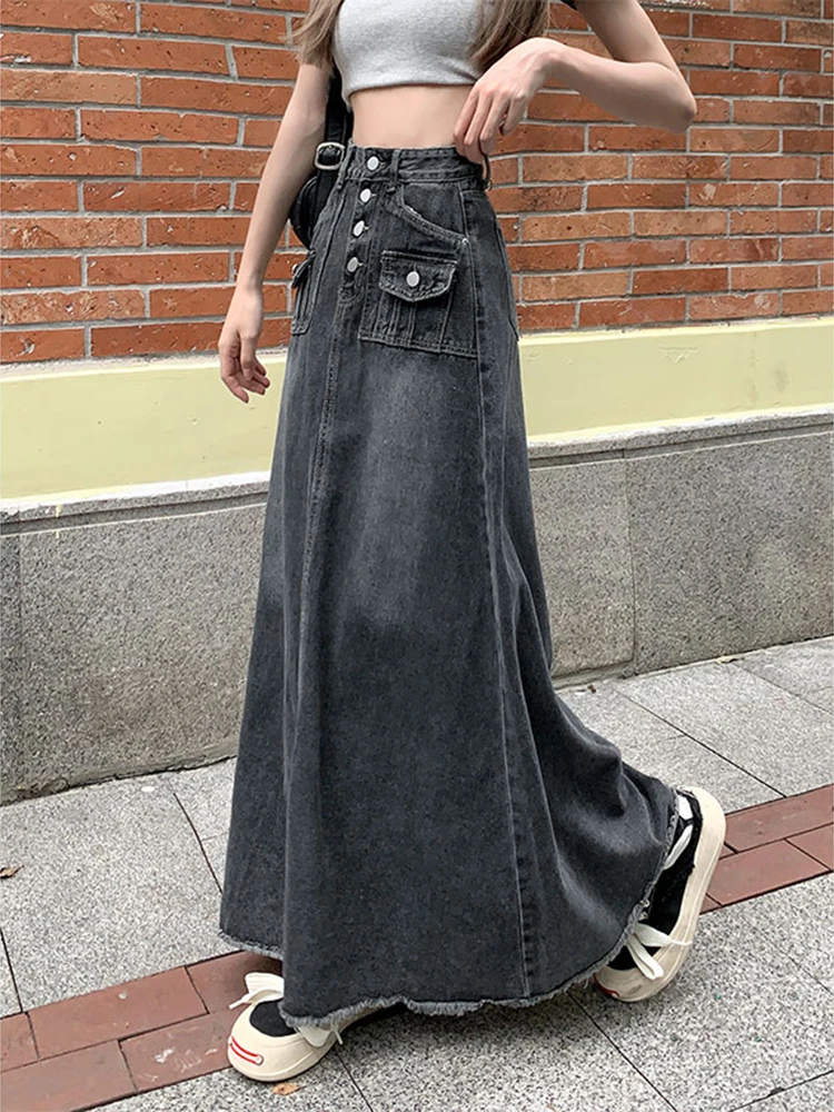 Retro Gray Maxi Long Denim Skirt Women Y2k Tassel Buttoned Bleached Blue Jeans Skirt Oversize Vintage High Waist Acubi Fashion