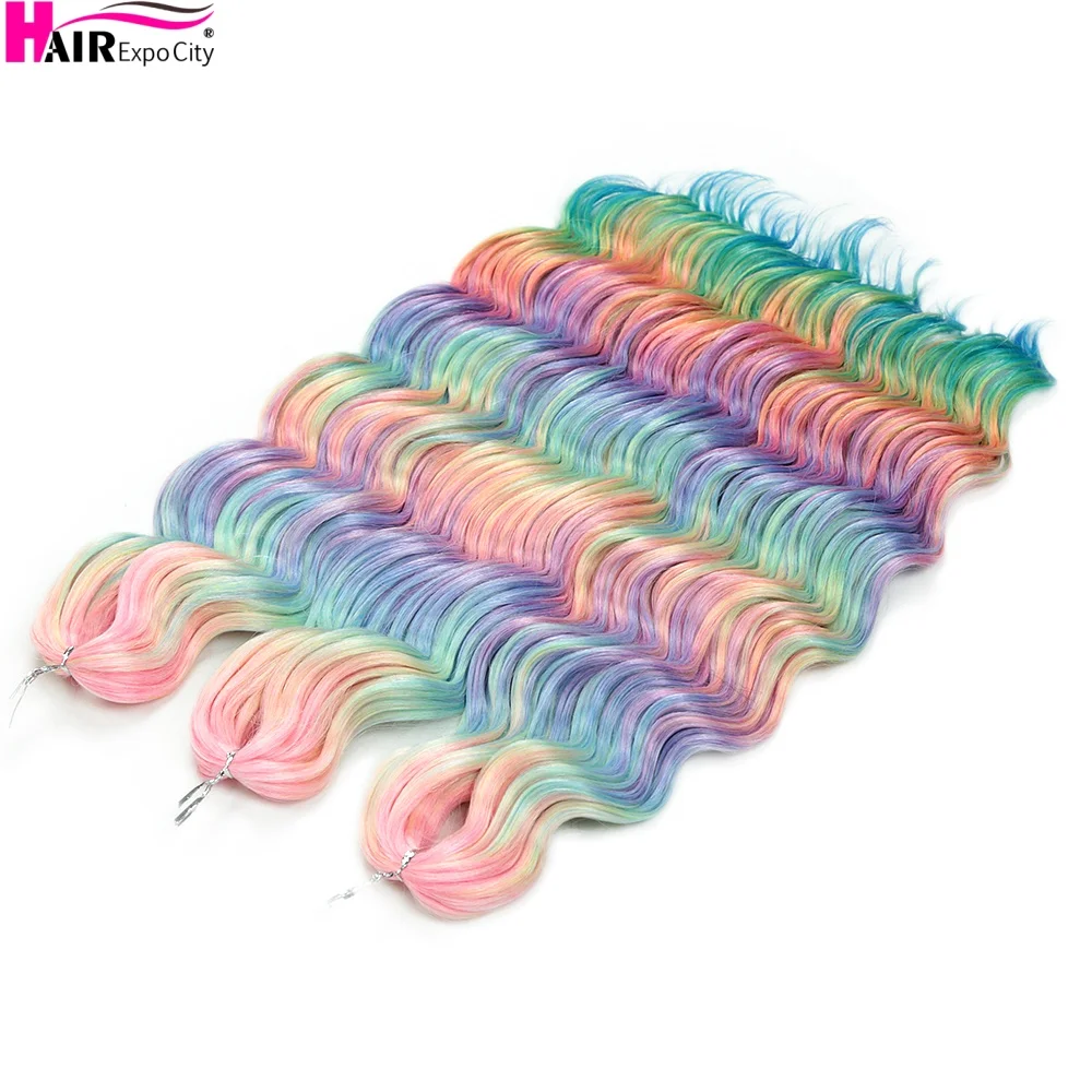 Anna Hair 3Pcs 300g Ocean Wave Synthetic Braiding Hair Ombre Rainbow Color Deep Wavy Twist Crochet Braids Extension